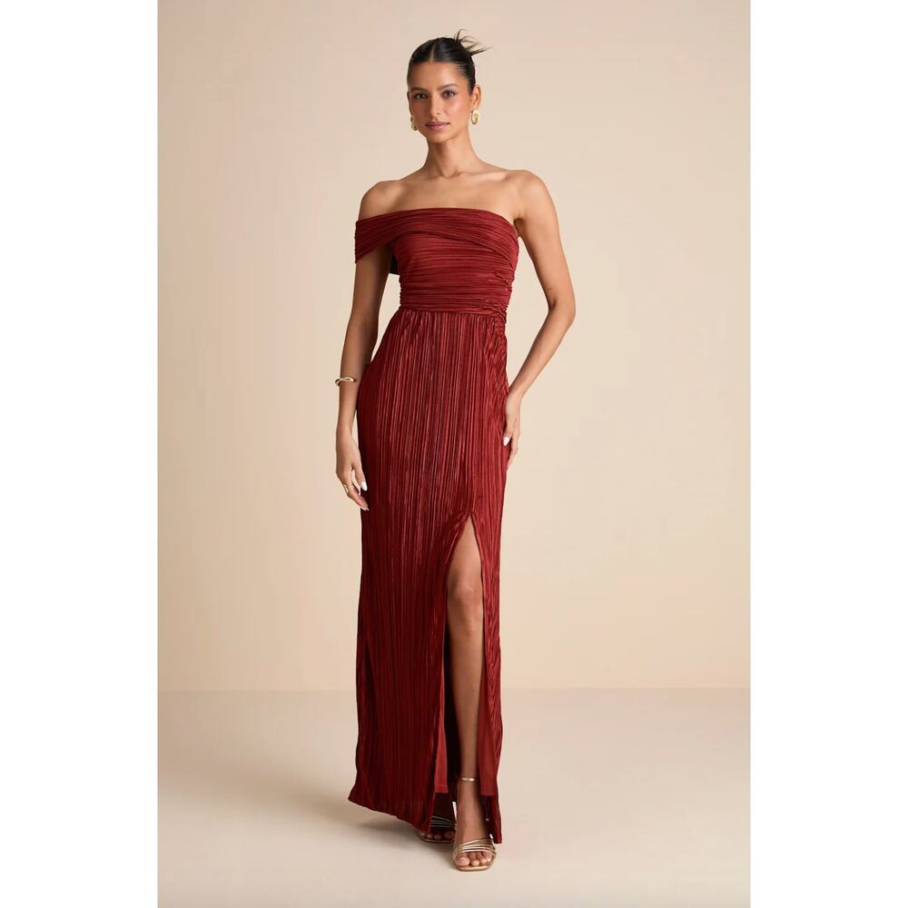 Lulus Poised Performance Rust Red Plisse One-Shoulder Maxi Dress Formal S NWT